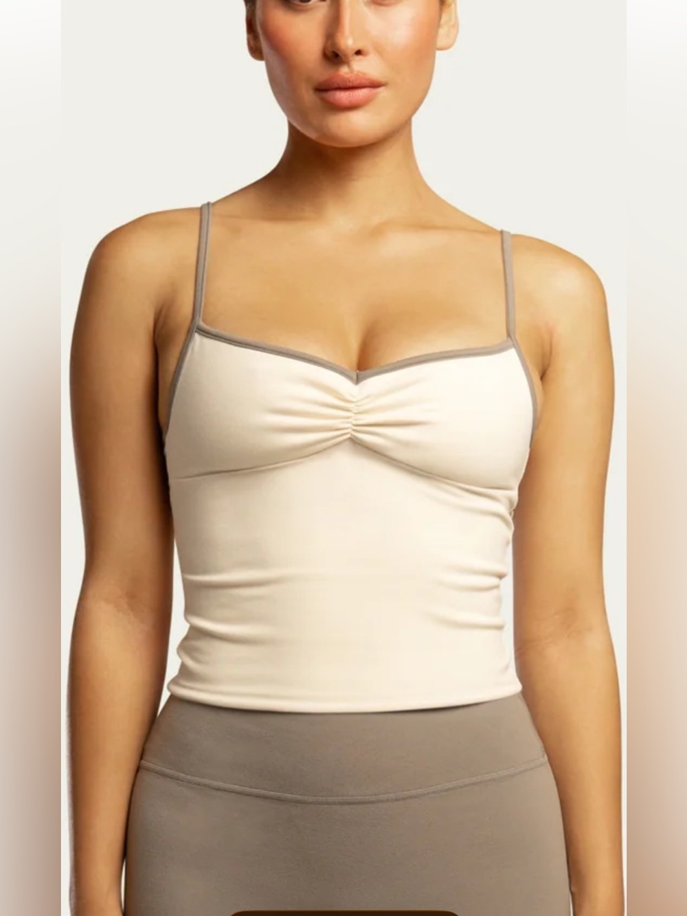 Women’s Seamless Cream Cami Top with Taupe Trim and matching leggings